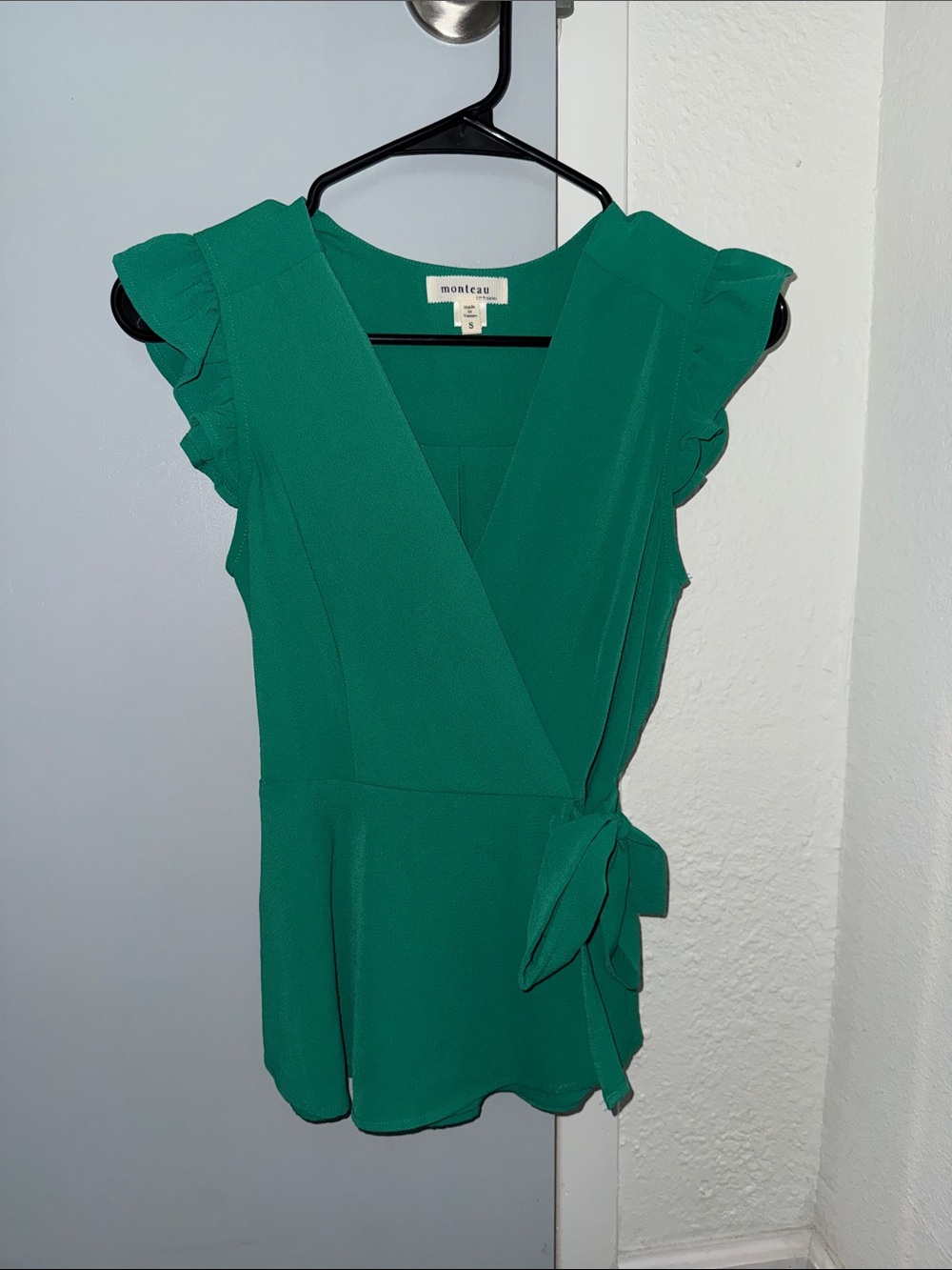 Monteau Emerald Green Wrap Blouse with Ruffle Sleeves